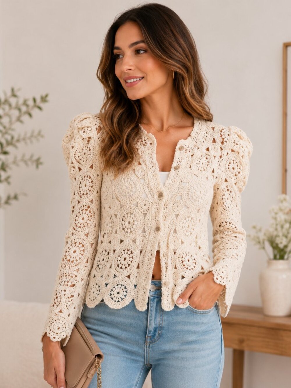 LIV Los Angeles Crochet Button Top Beige L | Boho Lace Blouse